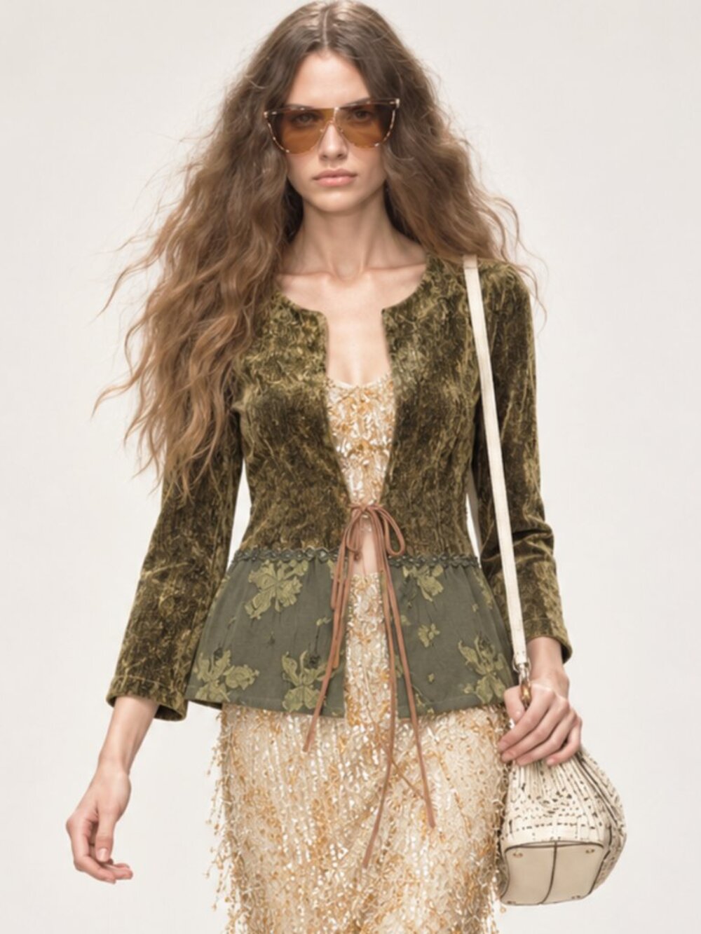 Tenax Velvet Floral Embroidery Peplum Olive Jacket Blouse Boho 90s Romantic